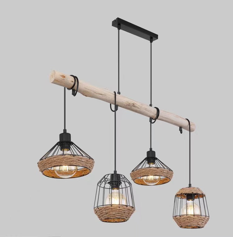 Fischer & Honsel Straw Pendant Light 4-Bulb with Wooden Beam and Grid Shades with Rattan Band,