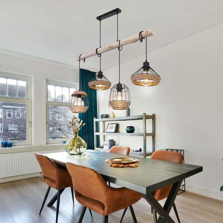 Fischer & Honsel Straw Pendant Light 3-Bulb with Wooden Beam and Grid Shades with Rattan Band, Metal in Sand Black, Wood and Rattan in Natural