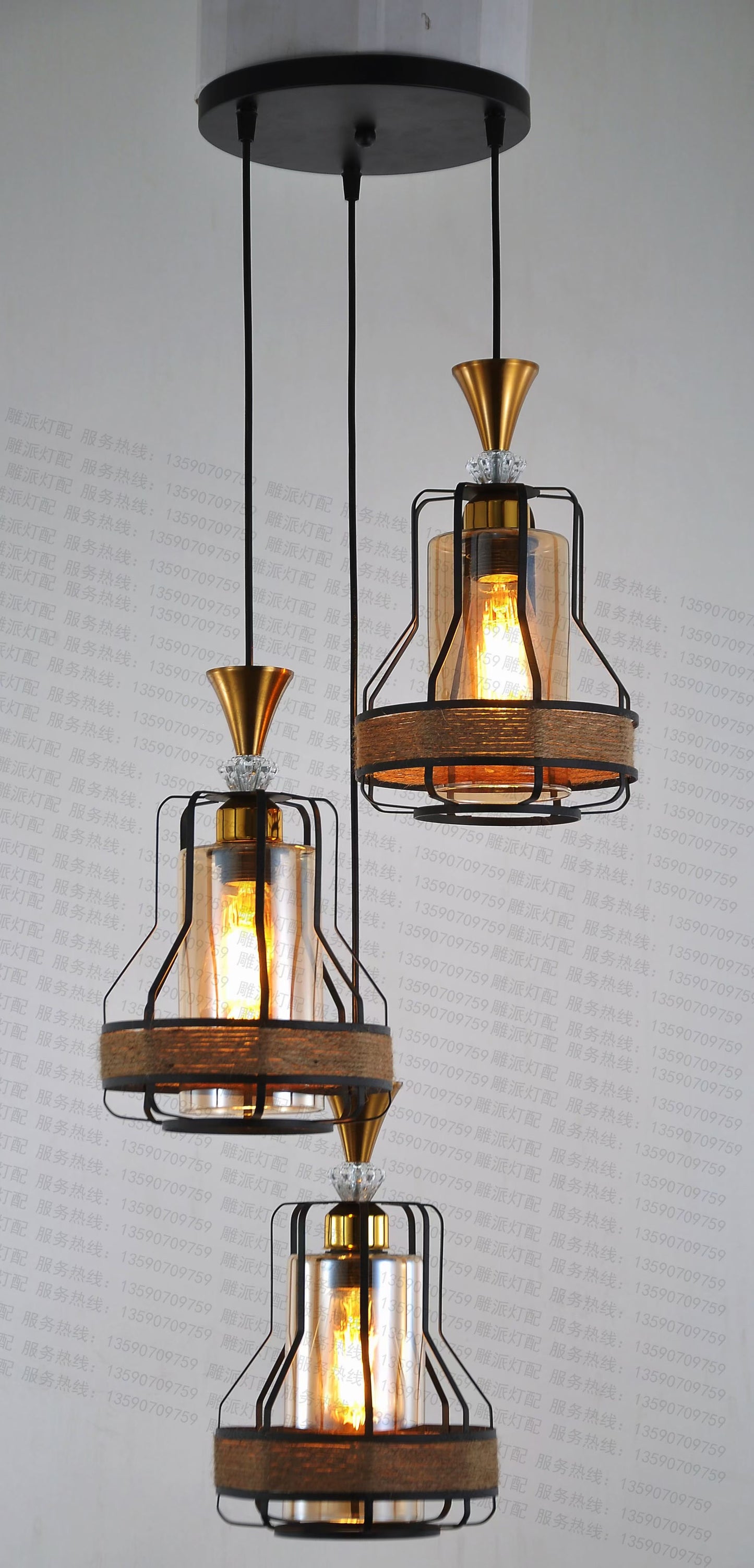 Vintage Vulcan Cage Pendant Light (Chandelier) 3 Head Metal Ceiling Light with Wicker Black Linear Shade 1769/3