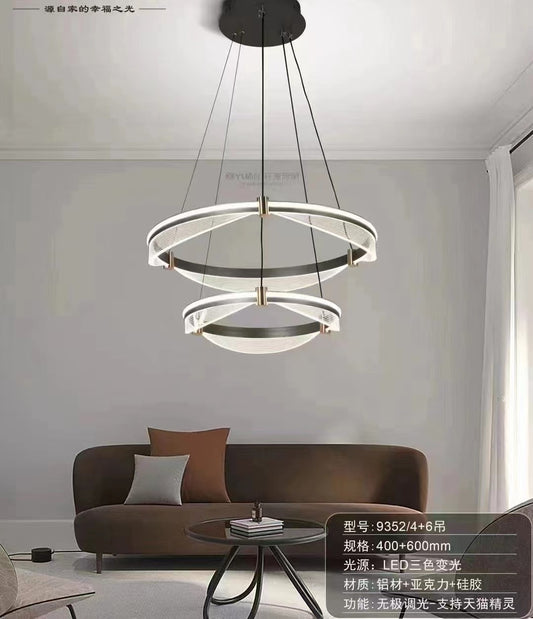 LED 2 Ring Chandeliers, Black Metal Pendant Light with Acrylic Shade, Dining Room Hanging Lamp, Modern LED Ceiling Lamps, Simple Living Room Lighting Drop Lights 3 Color Mode 9352/4+6