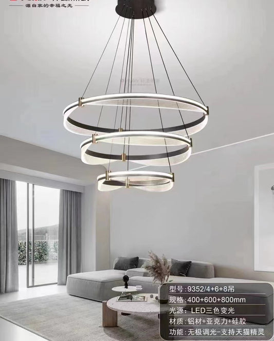 LED 3 Ring Chandeliers, Black Metal Pendant Light with Acrylic Shade, Dining Room Hanging Lamp, Modern LED Ceiling Lamps, Simple Living Room Lighting Drop Lights 3 Color Mode 9352/4+6+8