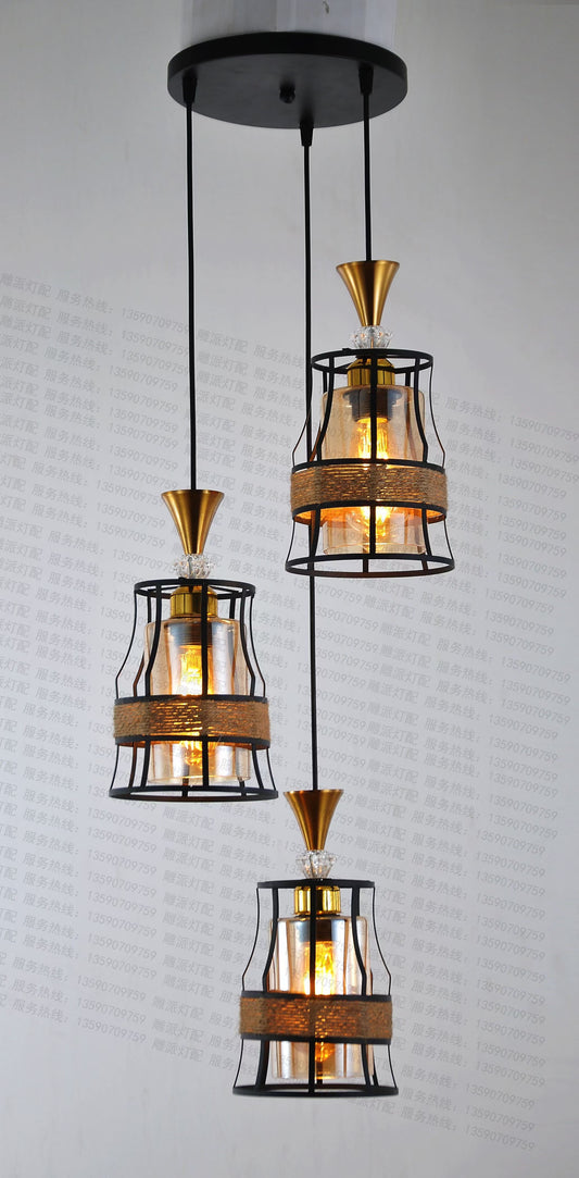 Vintage Cage Pendant Light 3 Head Metal Ceiling Light with Wicker Black Linear Shade 1768/3