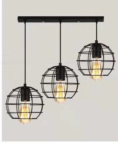 Vintage Industrial Caged dining chandeliers 3 Heads Metallic Hanging Ceiling Light with Round Canopy in Black M133-3