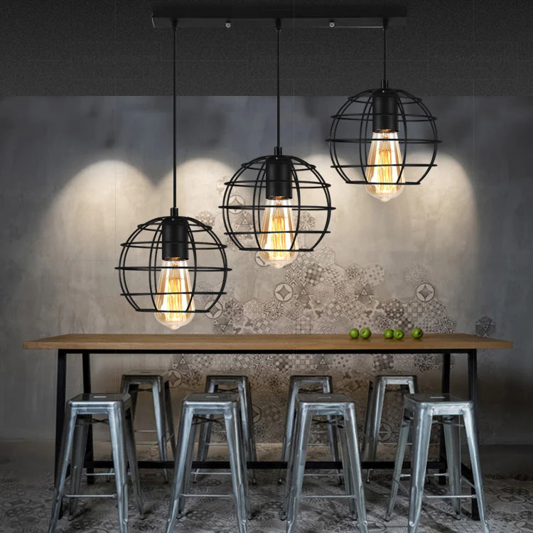 Vintage Industrial Caged dining chandeliers 3 Heads Metallic Hanging Ceiling Light with Round Canopy in Black M133-3