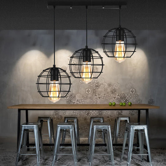 Vintage Industrial Caged dining chandeliers 3 Heads Metallic Hanging Ceiling Light with Round Canopy in Black M133-3